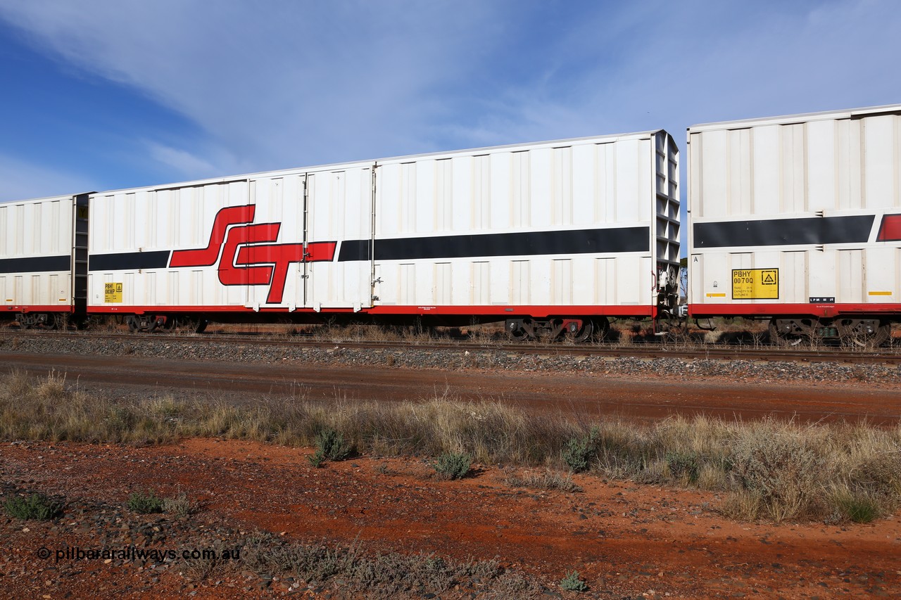 160523 2827
Parkeston, SCT train 7GP1 which operates from Parkes NSW (Goobang Junction) to Perth, PBHY type covered van PBHY 0036 Greater Freighter, first of a second batch of thirty units built by Gemco WA.
Keywords: PBHY-type;PBHY0036;Gemco-WA;