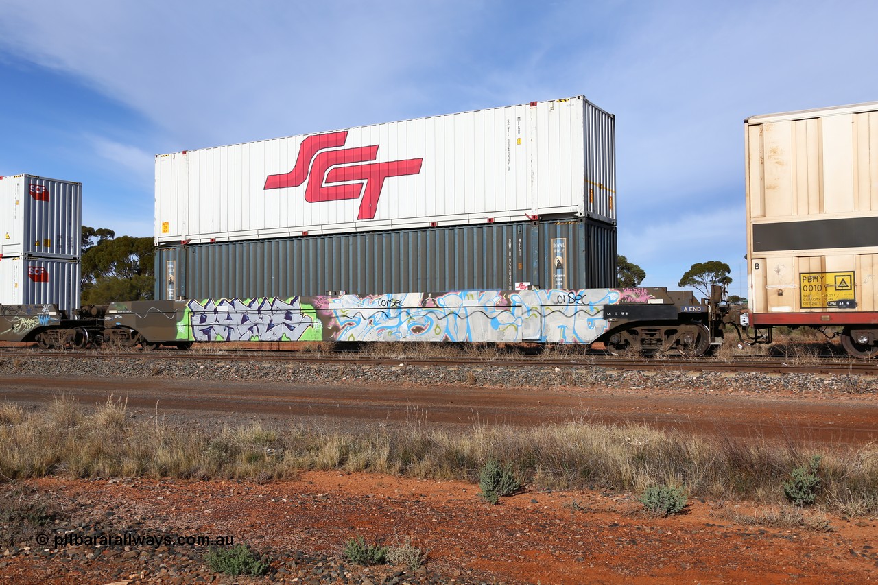 160523 2830
Parkeston, SCT train 7GP1 which operates from Parkes NSW (Goobang Junction) to Perth, CFCLA lease CQWY type well waggon set CQWY 5038-1 with a RWTU 922042 48' MFG1 box and SCT 48' SCTL 004337 MFGB box on top. The CQWY was built by Bluebird Rail Operations in South Australia in 2008 as a batch of sixty pairs.
Keywords: CQWY-type;CQWY5038;CFCLA;Bluebird-Rail-Operations-SA;