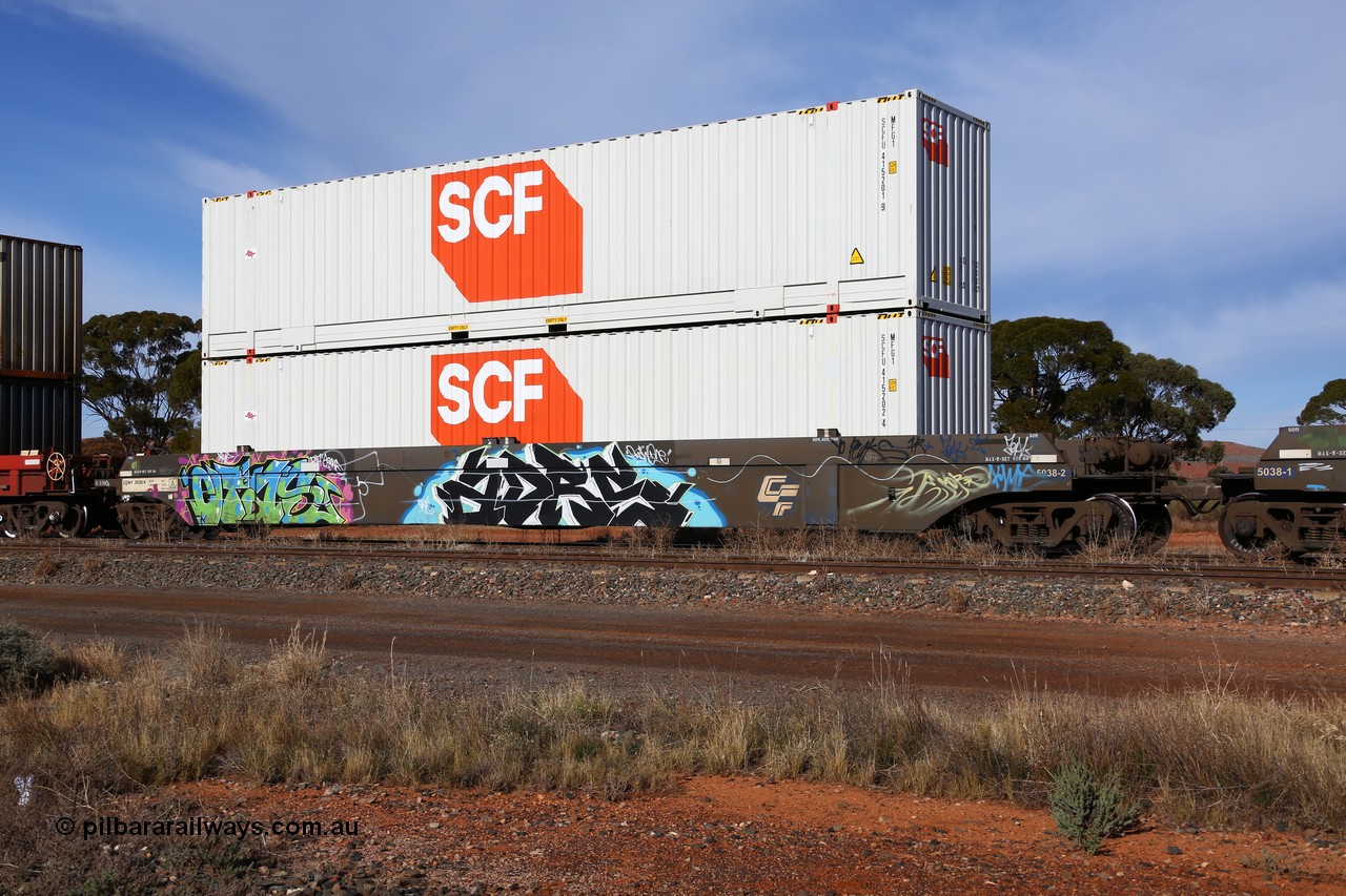 160523 2831
Parkeston, SCT train 7GP1 which operates from Parkes NSW (Goobang Junction) to Perth, CFCLA lease CQWY type well waggon set CQWY 5038-2 with a two SCF 48' MFG1 boxes SCFU 415202 and SCFU 415201. The CQWY was built by Bluebird Rail Operations in South Australia in 2008 as a batch of sixty pairs.
Keywords: CQWY-type;CQWY5038;CFCLA;Bluebird-Rail-Operations-SA;