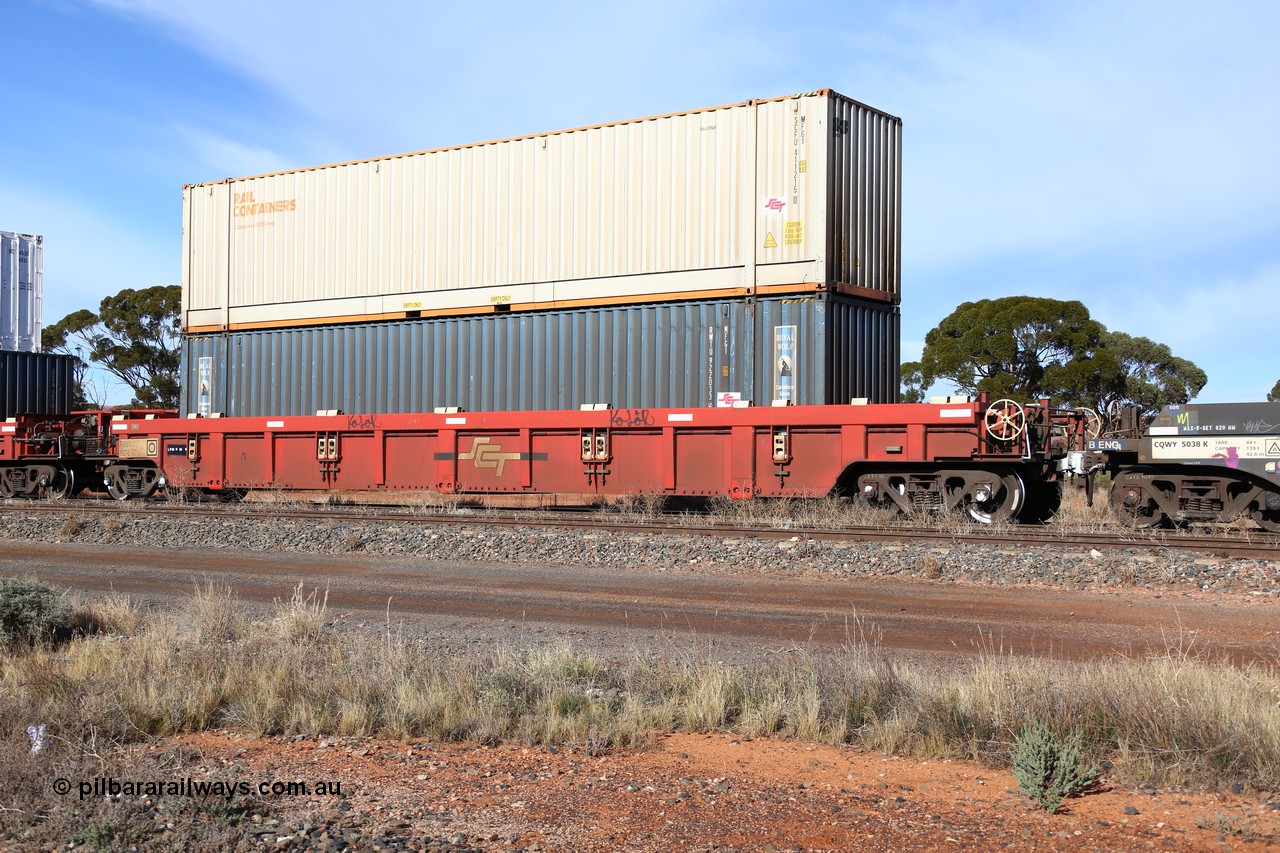 160523 2833
Parkeston, SCT train 7GP1 which operates from Parkes NSW (Goobang Junction) to Perth, PWWY type 100 tonne well waggon PWWY 0027 is one of forty well waggons built by Bradken NSW for SCT, loaded with two 48' MFG1 boxes, RWTU 922033 and SCFU 411215 both with SCT decals.
Keywords: PWWY-type;PWWY0027;Bradken-NSW;