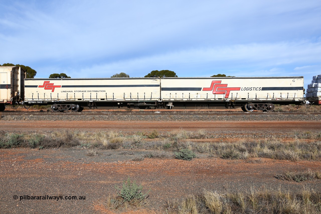 160523 2837
Parkeston, SCT train 7GP1 which operates from Parkes NSW (Goobang Junction) to Perth, originally built by V/Line's Bendigo Workshops in June 1986 as one of fifty VQDW type 'Jumbo' Container Flat waggons built, PQDY 54 still in Freight Australia green livery loaded with two SCT half height 40' curtain siders SCT 1012 'SCT Linehaul Storage Distribution' and SCT 1025 'SCT Logistics'.
Keywords: PQDY-type;PQDY54;Victorian-Railways-Bendigo-WS;VQDW-type;