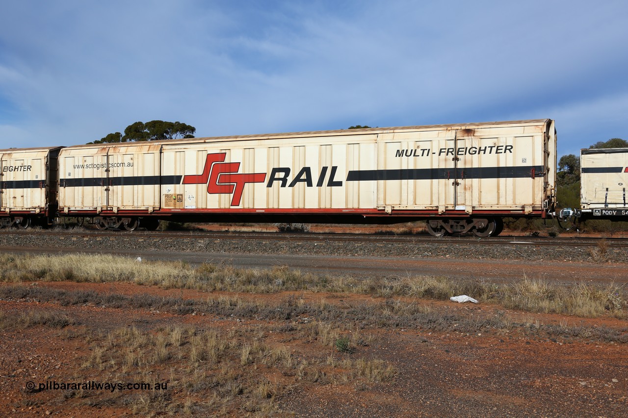 160523 2838
Parkeston, SCT train 7GP1 which operates from Parkes NSW (Goobang Junction) to Perth, PBGY type covered van PBGY 0105 Multi-Freighter, one of eighty units built by Gemco WA.
Keywords: PBGY-type;PBGY0105;Gemco-WA;