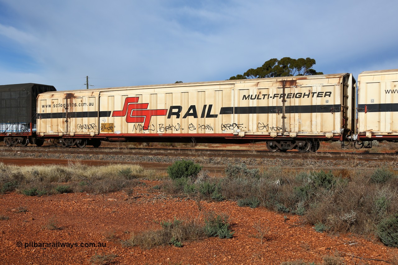 160523 2840
Parkeston, SCT train 7GP1 which operates from Parkes NSW (Goobang Junction) to Perth, PBGY type covered van PBGY 0024 Multi-Freighter, one of eighty two waggons built by Queensland Rail Redbank Workshops in 2005.
Keywords: PBGY-type;PBGY0024;Qld-Rail-Redbank-WS;