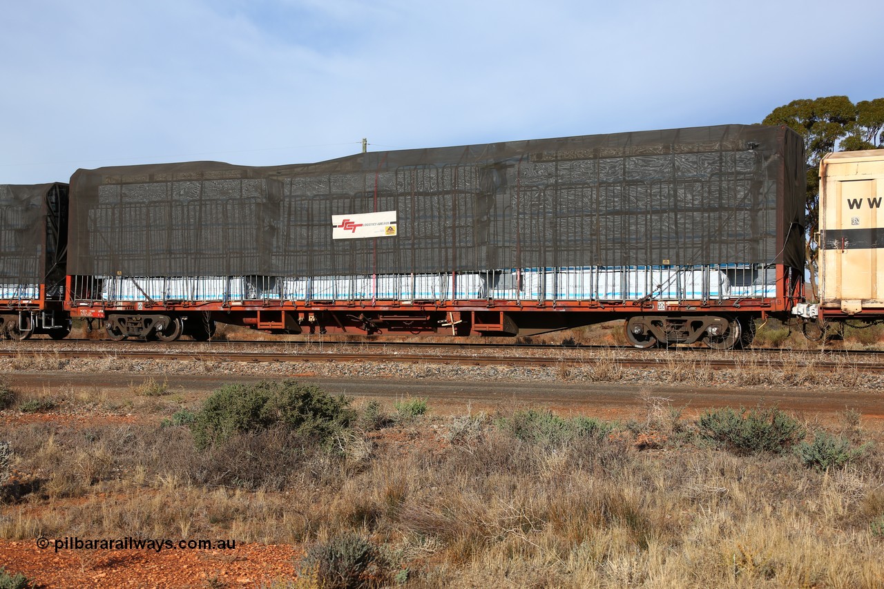 160523 2841
Parkeston, SCT train 7GP1 which operates from Parkes NSW (Goobang Junction) to Perth, originally built by Victorian Railways Newport Workshops in August 1973 as one of four hundred and fifty five FQX type Container Flat waggons built over ten years, now in private ownership and reclassed PQCY type, PQCY 778 is now fitted with bulkheads and here loaded with timber products.
Keywords: PQCY-type;PQCY778;Victorian-Railways-Newport-WS;FQX-type;FQX778;VQCX-type;