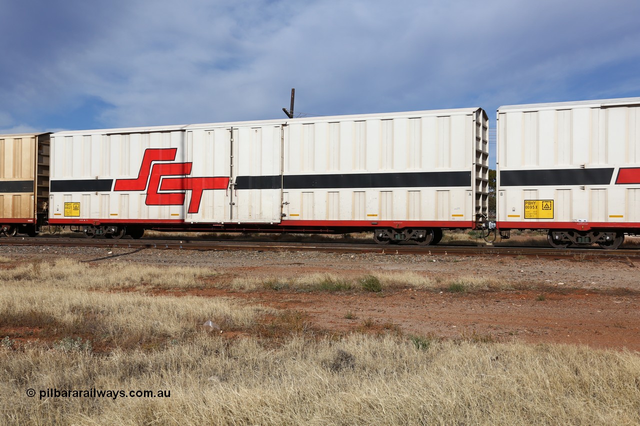 160523 2883
Parkeston, SCT train 7GP1 which operates from Parkes NSW (Goobang Junction) to Perth, PBHY type covered van PBHY 0082 Greater Freighter, built by CSR Meishan Rolling Stock Co China in 2014 without the Greater Freighter signage.
Keywords: PBHY-type;PBHY0082;CSR-Meishan-China;