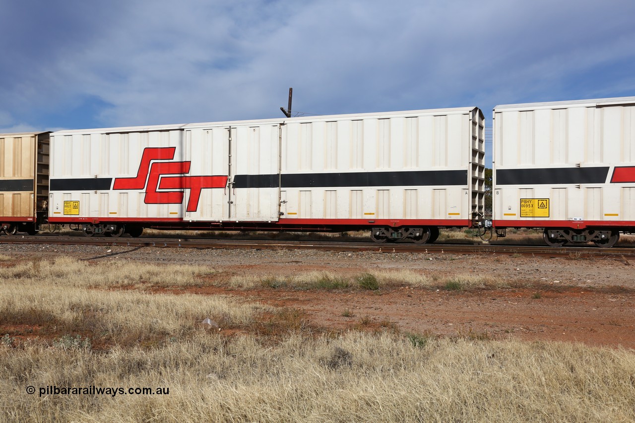 160523 2883
Parkeston, SCT train 7GP1 which operates from Parkes NSW (Goobang Junction) to Perth, PBHY type covered van PBHY 0082 Greater Freighter, built by CSR Meishan Rolling Stock Co China in 2014 without the Greater Freighter signage.
Keywords: PBHY-type;PBHY0082;CSR-Meishan-China;