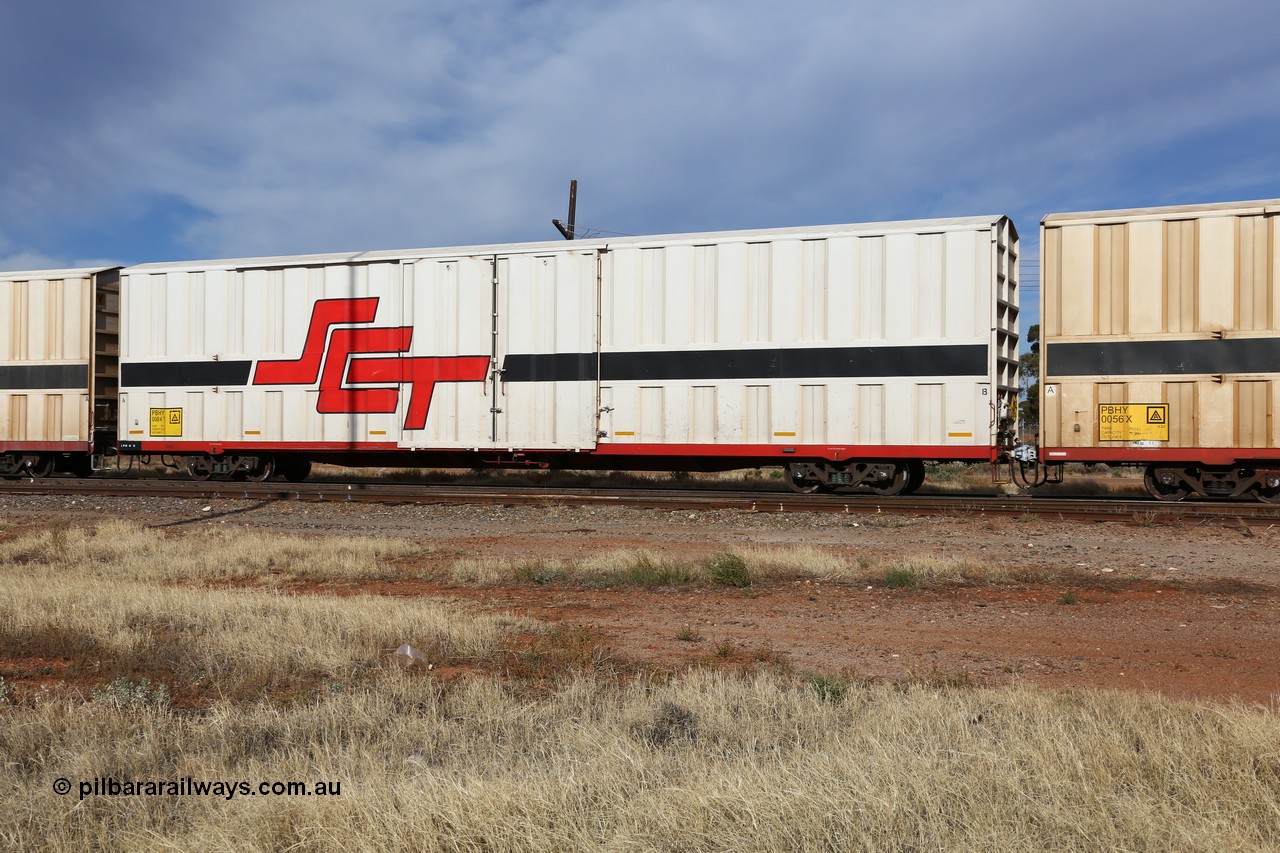 160523 2885
Parkeston, SCT train 7GP1 which operates from Parkes NSW (Goobang Junction) to Perth, PBHY type covered van PBHY 0084 Greater Freighter, built by CSR Meishan Rolling Stock Co China in 2014 without the Greater Freighter signage.
Keywords: PBHY-type;PBHY0084;CSR-Meishan-China;