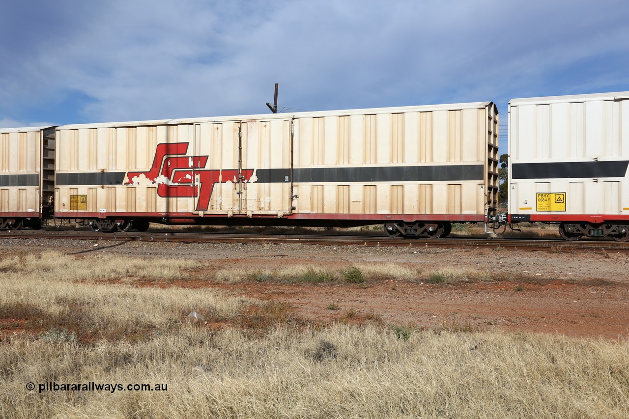 160523 2886
Parkeston, SCT train 7GP1 which operates from Parkes NSW (Goobang Junction) to Perth, PBHY type covered van PBHY 0017 Greater Freighter, one of thirty five units built by Gemco WA in 2005 without the Greater Freighter signage.
Keywords: PBHY-type;PBHY0017;Gemco-WA;