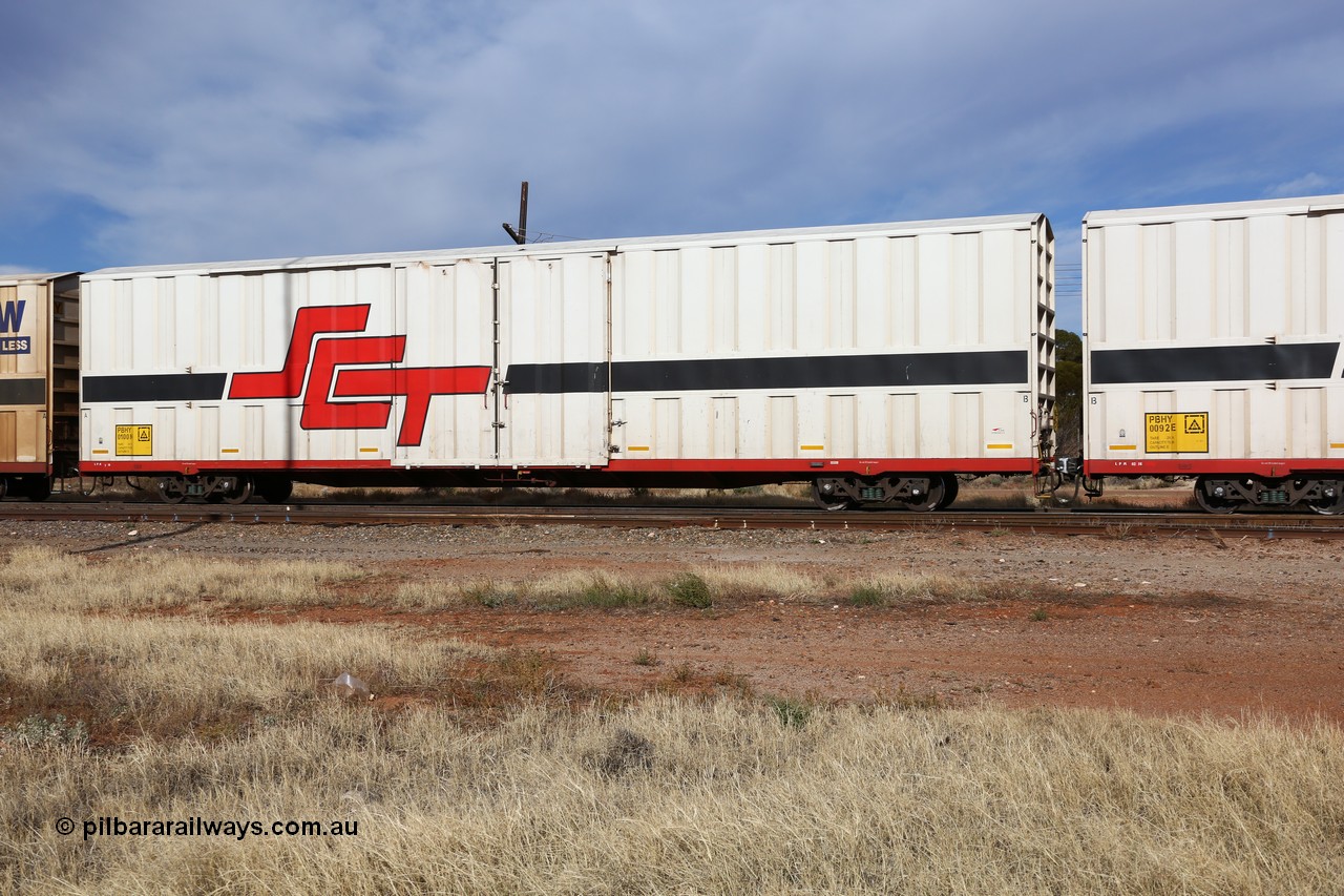 160523 2894
Parkeston, SCT train 7GP1 which operates from Parkes NSW (Goobang Junction) to Perth, PBHY type covered van PBHY 0100 Greater Freighter, built by CSR Meishan Rolling Stock Co China in 2014 without the Greater Freighter signage.
Keywords: PBHY-type;PBHY0100;CSR-Meishan-China;