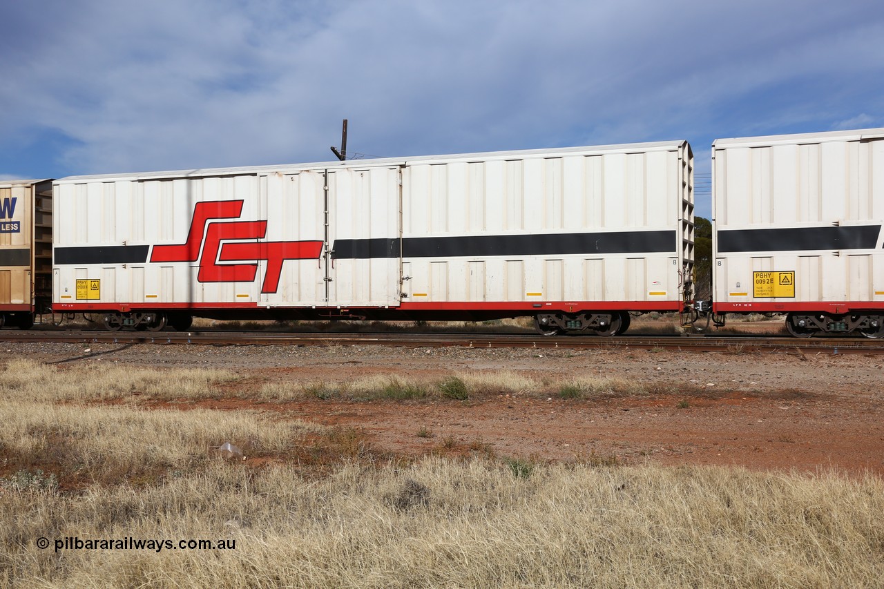 160523 2894
Parkeston, SCT train 7GP1 which operates from Parkes NSW (Goobang Junction) to Perth, PBHY type covered van PBHY 0100 Greater Freighter, built by CSR Meishan Rolling Stock Co China in 2014 without the Greater Freighter signage.
Keywords: PBHY-type;PBHY0100;CSR-Meishan-China;