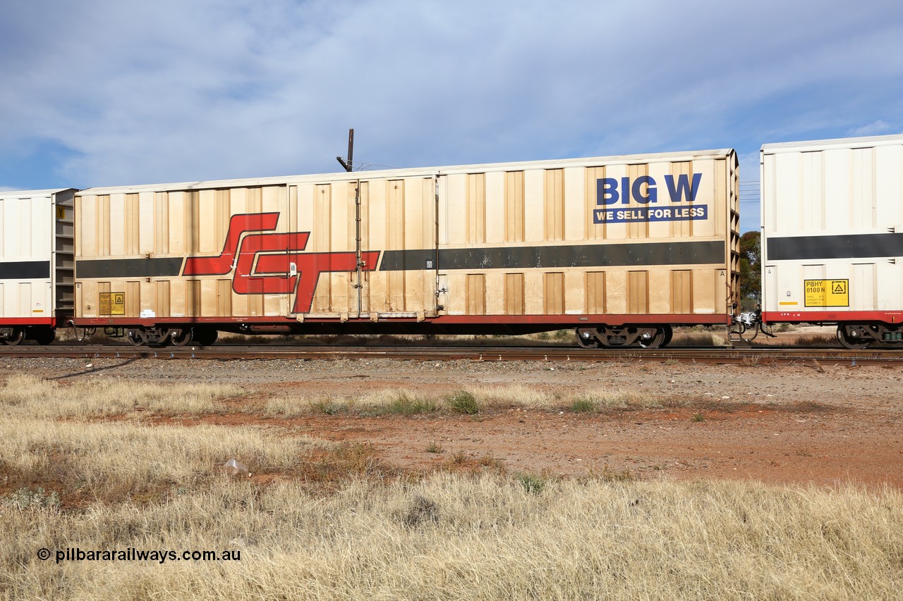 160523 2895
Parkeston, SCT train 7GP1 which operates from Parkes NSW (Goobang Junction) to Perth, PBHY type covered van PBHY 0019 Greater Freighter, one of thirty five units built by Gemco WA in 2005 without the Greater Freighter signage but with Big W We Sell For Less logo.
Keywords: PBHY-type;PBHY0019;Gemco-WA;