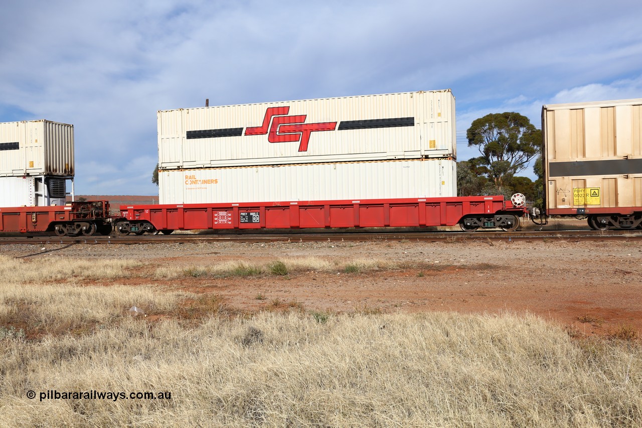 160523 2901
Parkeston, SCT train 7GP1 which operates from Parkes NSW (Goobang Junction) to Perth, PWXY type PWXY 0005 one of twelve well waggons built by CSR Meishan Rolling Stock Co of China for SCT in 2008, loaded with two 48' MFG1 type containers, Rail Containers SCFU 412582 and SCT SCTDS 4838.
Keywords: PWXY-type;PWXY0005;CSR-Meishan-China;