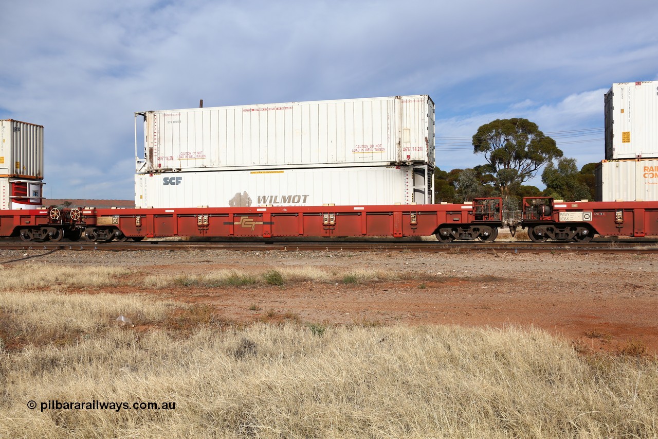 160523 2911
Parkeston, SCT train 7GP1 which operates from Parkes NSW (Goobang Junction) to Perth, PWWY type PWWY 0005 one of forty well waggons built by Bradken NSW for SCT, loaded with two 46' MFRG type reefers, one ex Wilmot Freeze Haul now SCFU 814052 and SCFU 807010.
Keywords: PWWY-type;PWWY0005;Bradken-NSW;