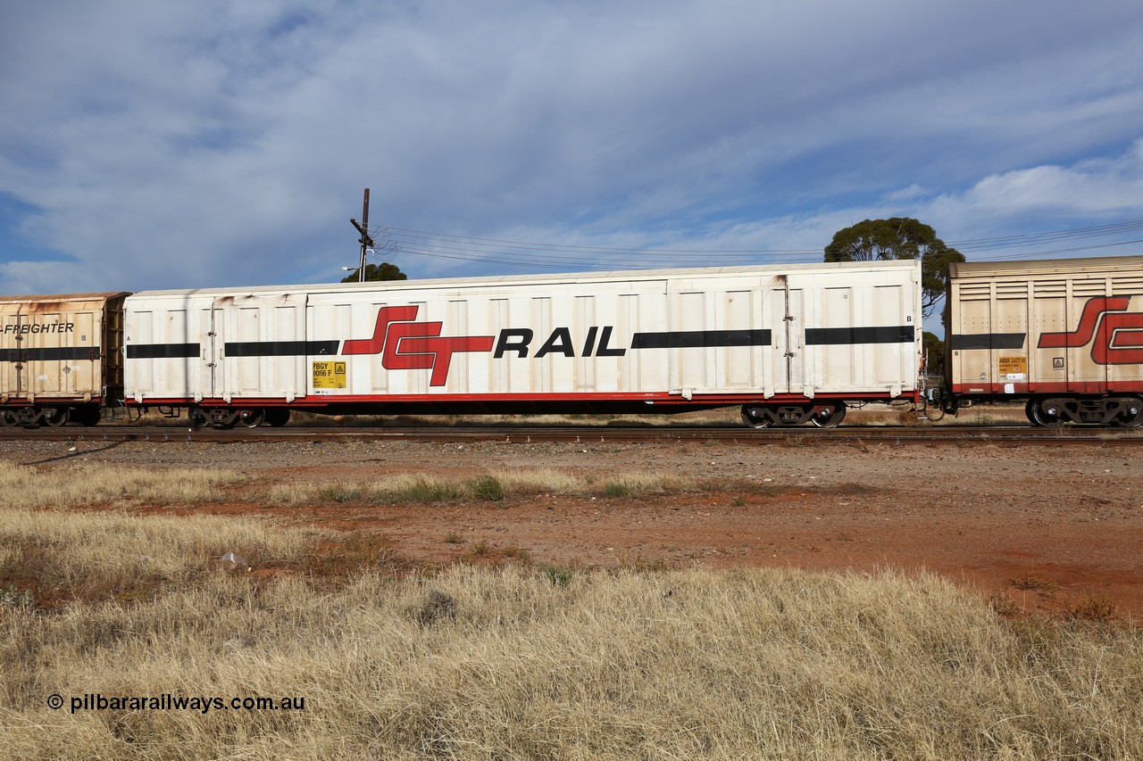 160523 2919
Parkeston, SCT train 7GP1 which operates from Parkes NSW (Goobang Junction) to Perth, PBGY type covered van PBGY 0056 Multi-Freighter, one of eighty two waggons built by Queensland Rail Redbank Workshops in 2005, shows signs of repainting with the web address and Multi-Freighter signage missing.
Keywords: PBGY-type;PBGY0056;Qld-Rail-Redbank-WS;