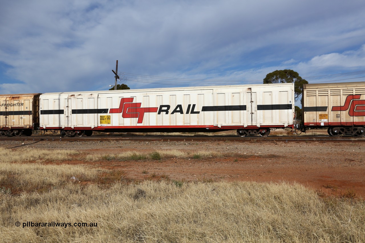 160523 2919
Parkeston, SCT train 7GP1 which operates from Parkes NSW (Goobang Junction) to Perth, PBGY type covered van PBGY 0056 Multi-Freighter, one of eighty two waggons built by Queensland Rail Redbank Workshops in 2005, shows signs of repainting with the web address and Multi-Freighter signage missing.
Keywords: PBGY-type;PBGY0056;Qld-Rail-Redbank-WS;