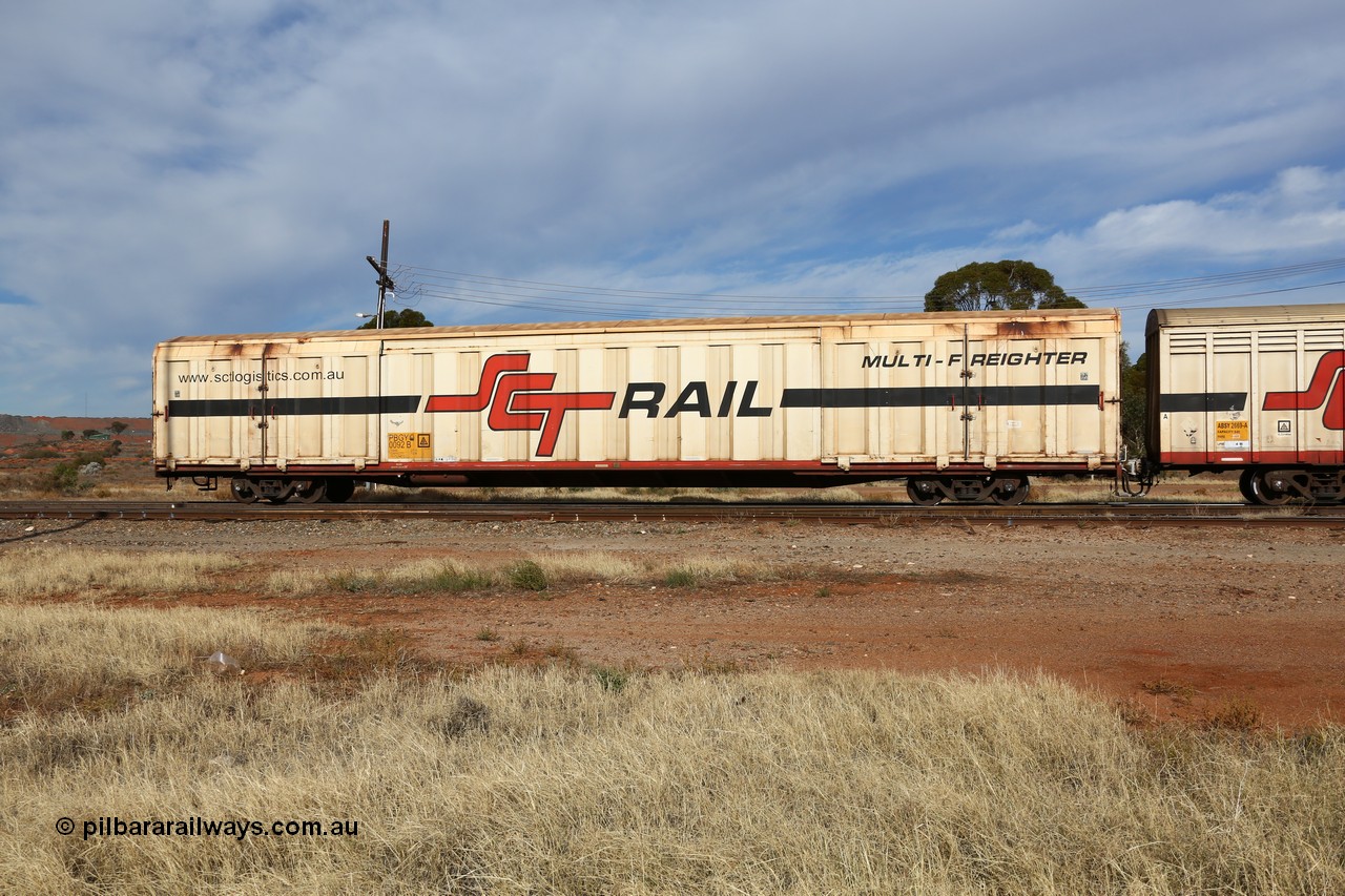160523 2924
Parkeston, SCT train 7GP1 which operates from Parkes NSW (Goobang Junction) to Perth, PBGY type covered van PBGY 0092 Multi-Freighter, one of eighty units built by Gemco WA.
Keywords: PBGY-type;PBGY0092;Gemco-WA;
