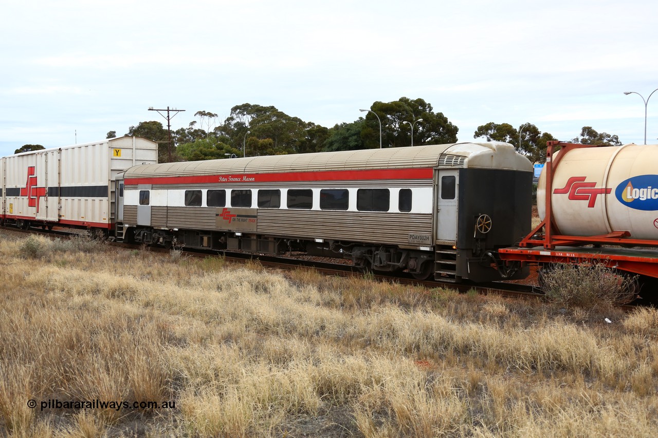 160524 3649
Kalgoorlie, SCT train 2PM9 operating from Perth to Melbourne, SCT crew accommodation coach PDAY 002 'Peter Terence Mason' converted from former Bluebird 250 class power car #260 'Corella' originally built by SAR Islington Workshops in 1959 and seated 56 second class passengers, converted to crew car in 2005.
Keywords: PDAY-type;PDAY002;SAR-Islington-WS;Bluebird;250-type;