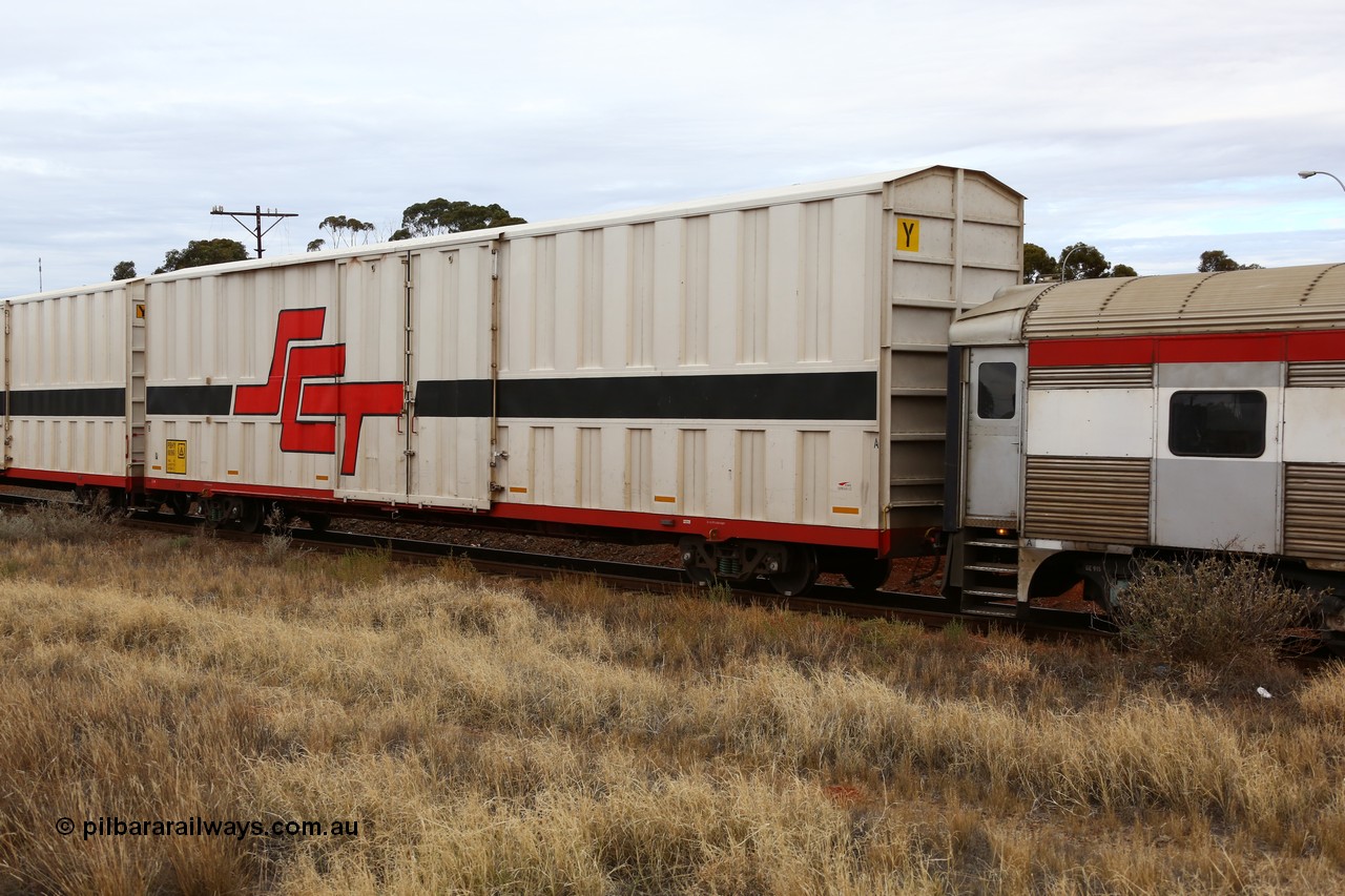 160524 3650
Kalgoorlie, SCT train 2PM9 operating from Perth to Melbourne, PBHY type covered van PBHY 0096 Greater Freighter, built by CSR Meishan Rolling Stock Co China in 2014.
Keywords: PBHY-type;PBHY0096;CSR-Meishan-China;