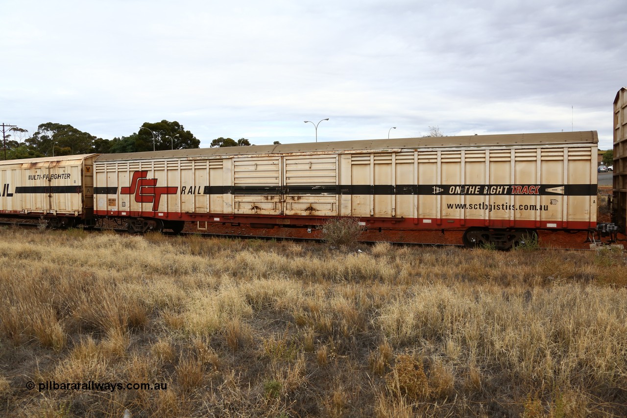 160524 3657
Kalgoorlie, SCT train 2PM9 operating from Perth to Melbourne, ABSY type ABSY 2490 covered van, originally built by Mechanical Handling Ltd SA in 1972 for Commonwealth Railways as VFX type recoded to ABFX and then RBFX to SCT as ABFY before being converted by Gemco WA to ABSY type in 2004/05.
Keywords: ABSY-type;ABSY2490;Mechanical-Handling-Ltd-SA;VFX-type;ABFY-type;