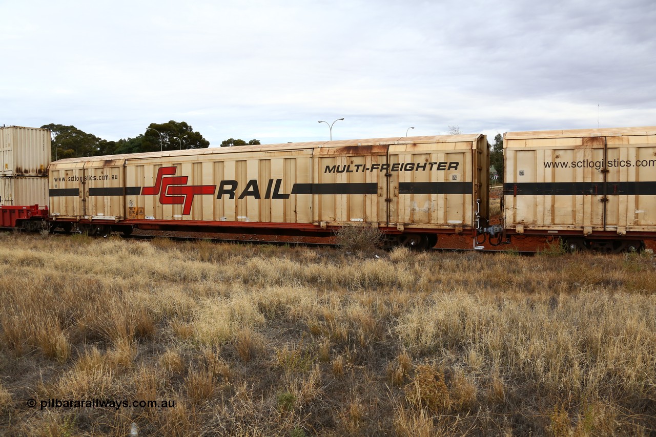 160524 3660
Kalgoorlie, SCT train 2PM9 operating from Perth to Melbourne, PBGY type covered van PBGY 0079 Multi-Freighter, one of eighty two waggons built by Queensland Rail Redbank Workshops in 2005.
Keywords: PBGY-type;PBGY0079;Qld-Rail-Redbank-WS;