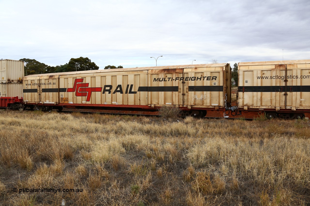 160524 3660
Kalgoorlie, SCT train 2PM9 operating from Perth to Melbourne, PBGY type covered van PBGY 0079 Multi-Freighter, one of eighty two waggons built by Queensland Rail Redbank Workshops in 2005.
Keywords: PBGY-type;PBGY0079;Qld-Rail-Redbank-WS;