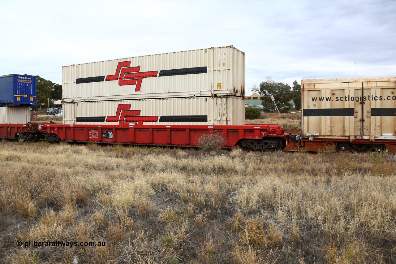 160524 3661
Kalgoorlie, SCT train 2PM9 operating from Perth to Melbourne, PWXY type PWXY 0002 one of twelve well waggons built by CSR Meishan Rolling Stock Co of China for SCT in 2008, loaded with two 48' MFG1 SCT boxes SCTDS 4826 and SCTDS 4808.
Keywords: PWXY-type;PWXY0002;CSR-Meishan-China;