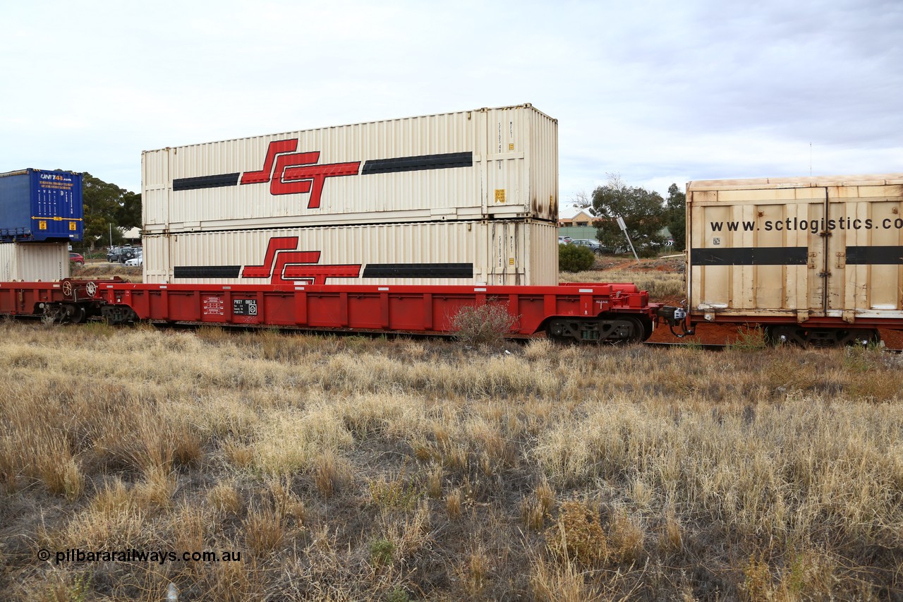 160524 3661
Kalgoorlie, SCT train 2PM9 operating from Perth to Melbourne, PWXY type PWXY 0002 one of twelve well waggons built by CSR Meishan Rolling Stock Co of China for SCT in 2008, loaded with two 48' MFG1 SCT boxes SCTDS 4826 and SCTDS 4808.
Keywords: PWXY-type;PWXY0002;CSR-Meishan-China;