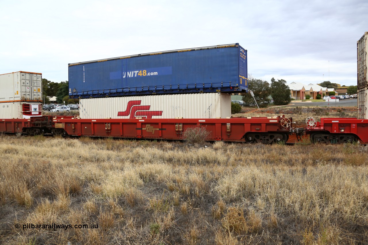 160524 3662
Kalgoorlie, SCT train 2PM9 operating from Perth to Melbourne, PWWY type PWWY 0034 one of forty well waggons built by Bradken NSW for SCT, loaded with an SCT 40' box SCT 40209 and a 48' MFG4 type curtainsider for Unit48 PVDU 485038.
Keywords: PWWY-type;PWWY0034;Bradken-NSW;