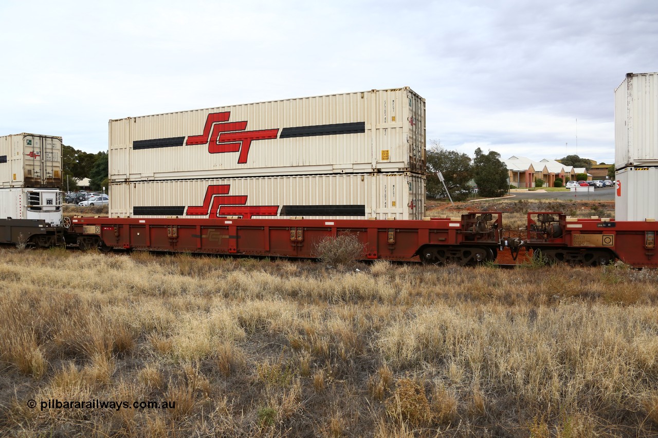 160524 3665
Kalgoorlie, SCT train 2PM9 operating from Perth to Melbourne, PWWY type PWWY 0039 one of forty well waggons built by Bradken NSW for SCT, loaded with a pair of 48' MFG1 type SCT boxes SCTDS 4816 and SCTDS 4842.
Keywords: PWWY-type;PWWY0039;Bradken-NSW;