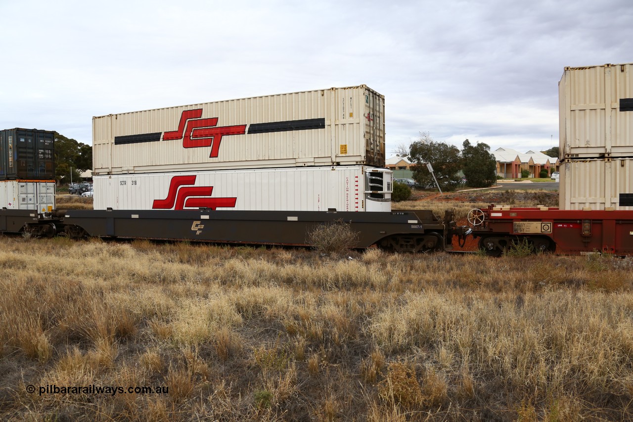 160524 3666
Kalgoorlie, SCT train 2PM9 operating from Perth to Melbourne, CQWY type CQWY 5007-1 with an SCT 48' reefer SCTR 318 and SCT 48' MFG1 type box SCTDS 4851. The CQWY was built by Bluebird Rail Operations in South Australia in 2008 as a batch of sixty pairs.
Keywords: CQWY-type;CQWY5007;CFCLA;Bluebird-Rail-Operations-SA;