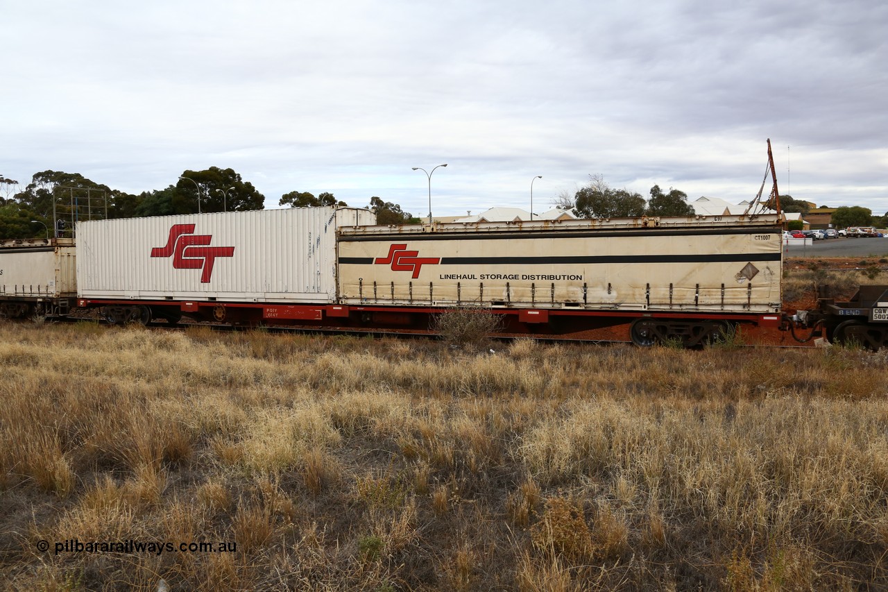160524 3668
Kalgoorlie, SCT train 2PM9 operating from Perth to Melbourne, PQIY type 80' container flat PQIY 0014, one of forty units built by Gemco WA loaded with a 40' half height curtainsider SCT 1007 with a 40' flatrack on top C 97 and a 40' SCT box SCT 40206.
Keywords: PQIY-type;PQIY0014;Gemco-WA;