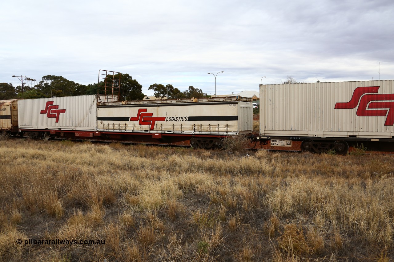 160524 3670
Kalgoorlie, SCT train 2PM9 operating from Perth to Melbourne, PQIY type 80' container flat PQIY 0030, one of forty units built by Gemco WA loaded with a 40' half height curtainsider SCT 1033 with a 40' flatrack on top and a 40' SCT box SCT 40221.
Keywords: PQIY-type;PQIY0030;Gemco-WA;