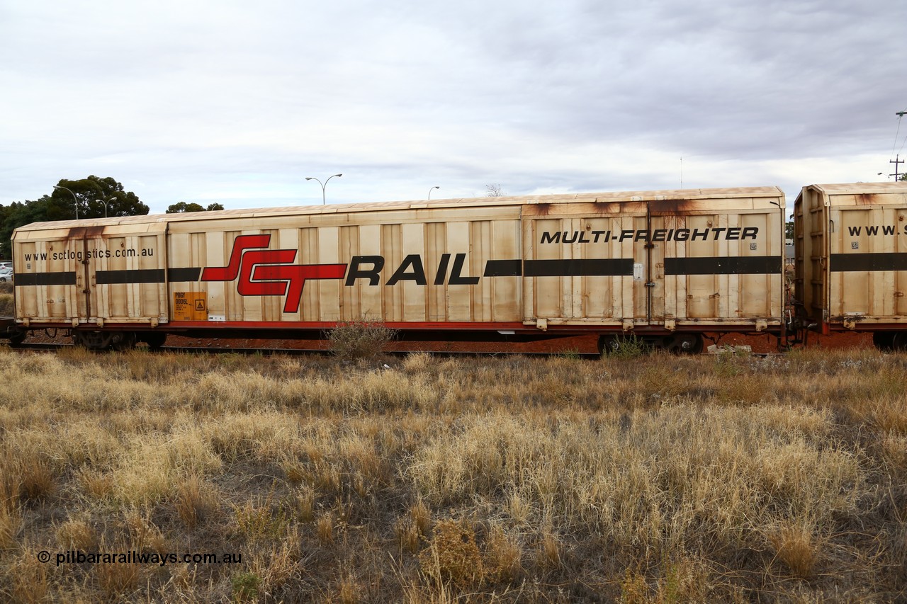 160524 3674
Kalgoorlie, SCT train 2PM9 operating from Perth to Melbourne, PBGY type covered van PBGY 0006 Multi-Freighter, one of eighty two waggons built by Queensland Rail Redbank Workshops in 2005.
Keywords: PBGY-type;PBGY0006;Qld-Rail-Redbank-WS;