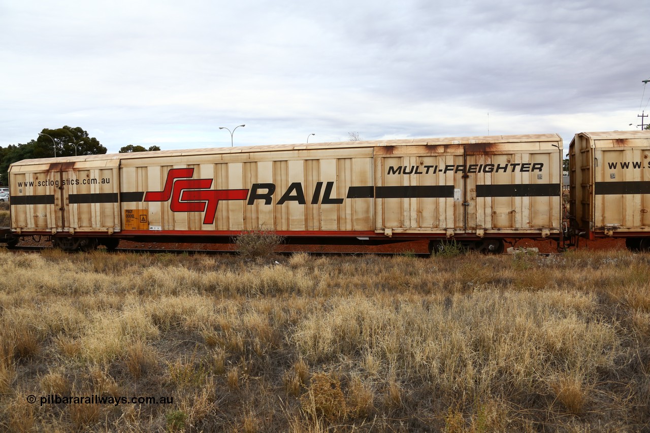 160524 3674
Kalgoorlie, SCT train 2PM9 operating from Perth to Melbourne, PBGY type covered van PBGY 0006 Multi-Freighter, one of eighty two waggons built by Queensland Rail Redbank Workshops in 2005.
Keywords: PBGY-type;PBGY0006;Qld-Rail-Redbank-WS;