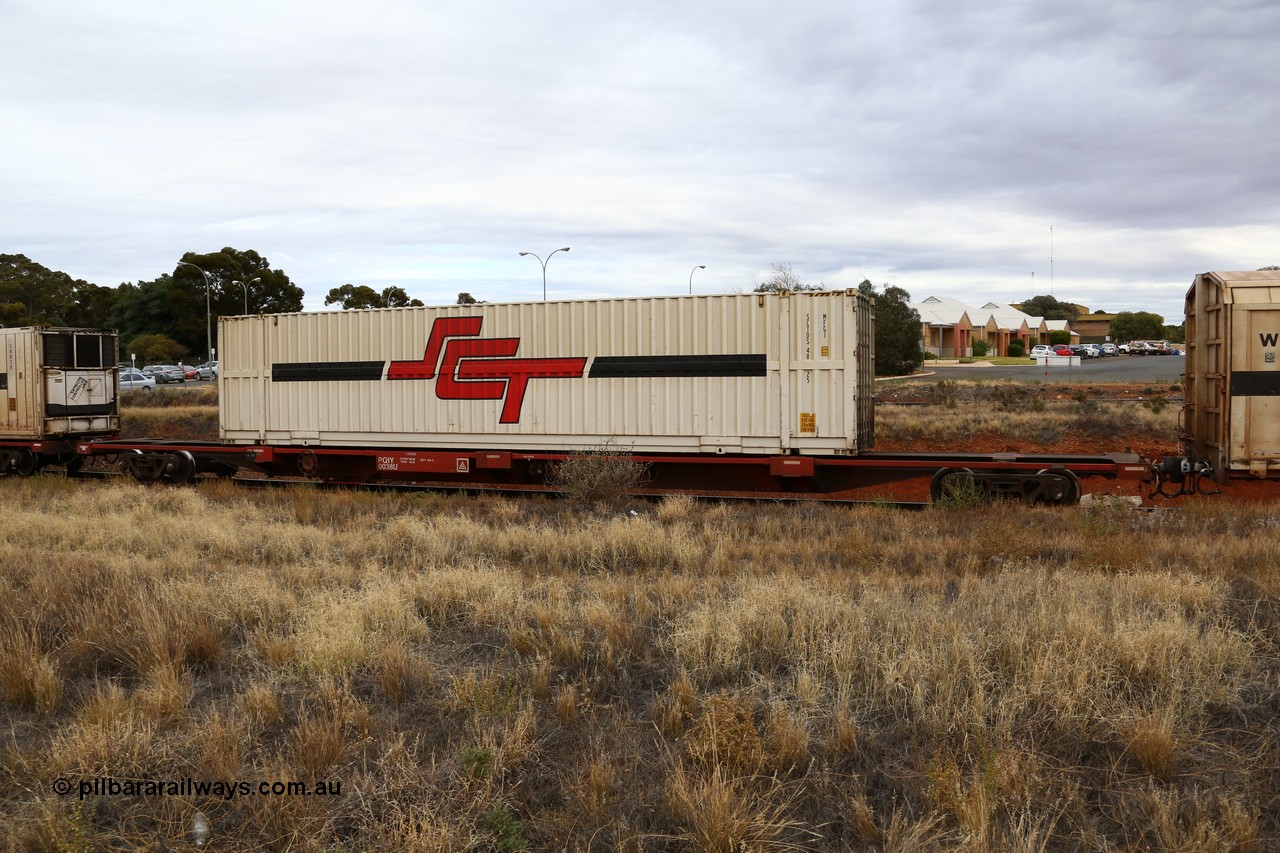 160524 3675
Kalgoorlie, SCT train 2PM9 operating from Perth to Melbourne, PQIY type 80' container flat PQIY 0038, one of forty units built by Gemco WA loaded with a 48' MFG! type SCT box SCTDS 4825.
Keywords: PQIY-type;PQIY0038;Gemco-WA;