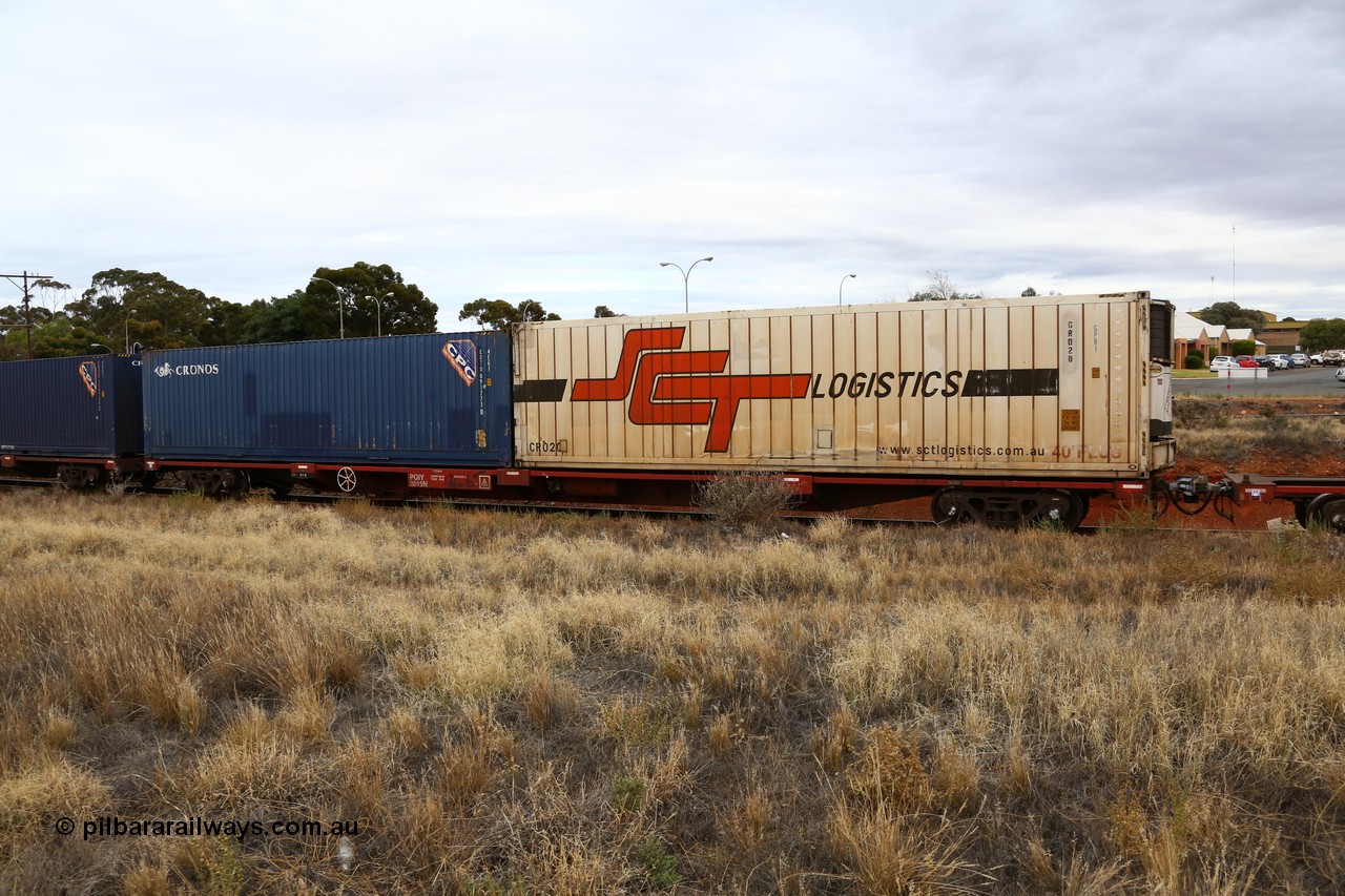 160524 3676
Kalgoorlie, SCT train 2PM9 operating from Perth to Melbourne, PQIY type 80' container flat PQIY 0019, one of forty units built by Gemco WA loaded with a SCT 40' GPR1 type reefer CR 020 and a 40' 4EG1 type Cronos box CRTU 091773.
Keywords: PQIY-type;PQIY0019;Gemco-WA;