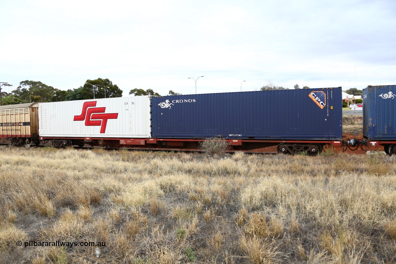 160524 3677
Kalgoorlie, SCT train 2PM9 operating from Perth to Melbourne, PQIY type 80' container flat PQIY 0015, one of forty units built by Gemco WA loaded with a 40' 4EG1 type Cronos box CXSU 114760 and a SCT 40' RFRA type reefer SCTR 135.
Keywords: PQIY-type;PQIY0015;Gemco-WA;