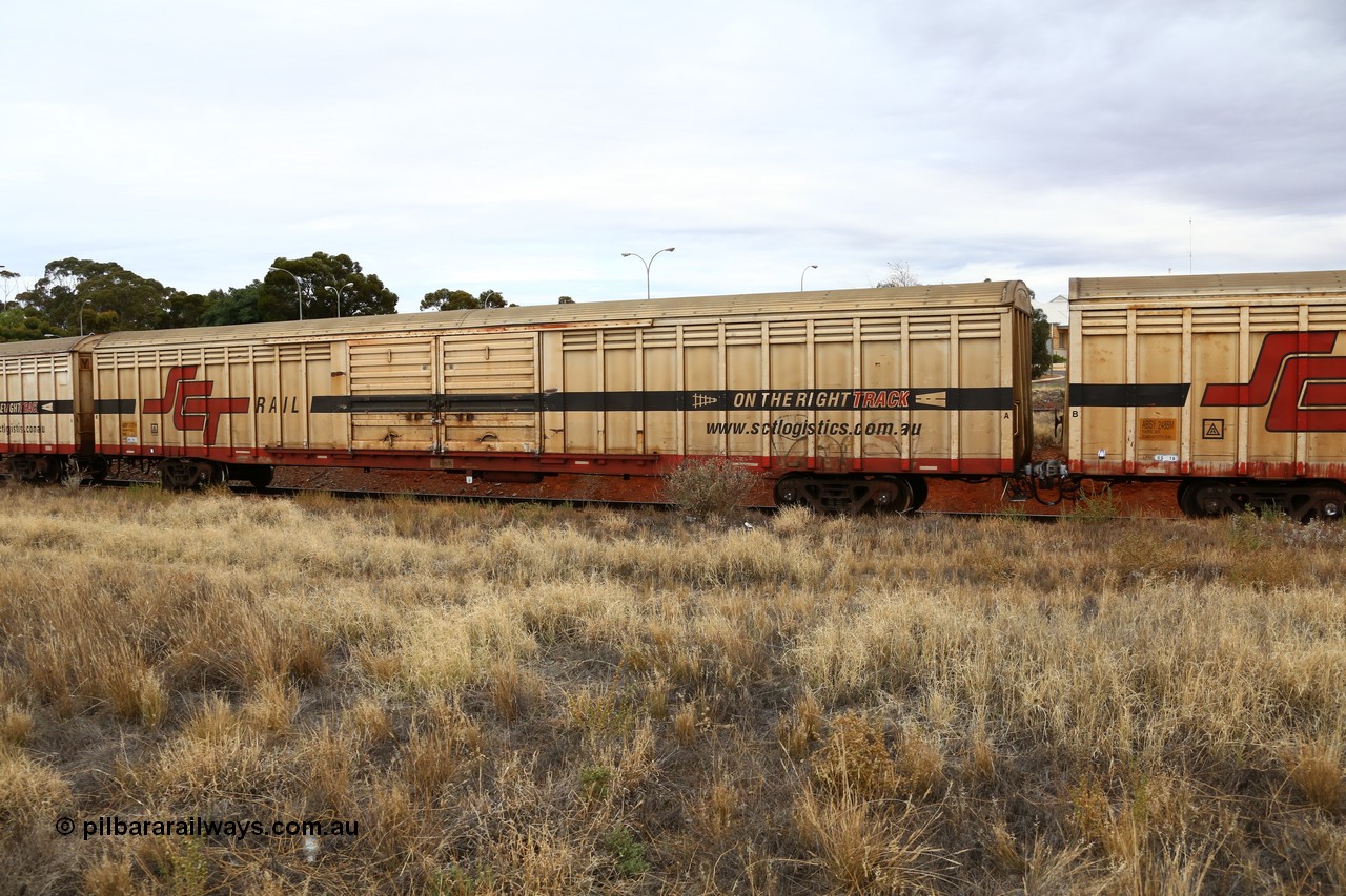 160524 3680
Kalgoorlie, SCT train 2PM9 operating from Perth to Melbourne, ABSY type ABSY 3137 covered van, originally built by Comeng WA in 1977 for Commonwealth Railways as VFX type, recoded to ABFX and RBFX to SCT as ABFY before conversion by Gemco WA to ABSY in 2004/05.
Keywords: ABSY-type;ABSY3137;Comeng-WA;VFX-type;ABFY-type;