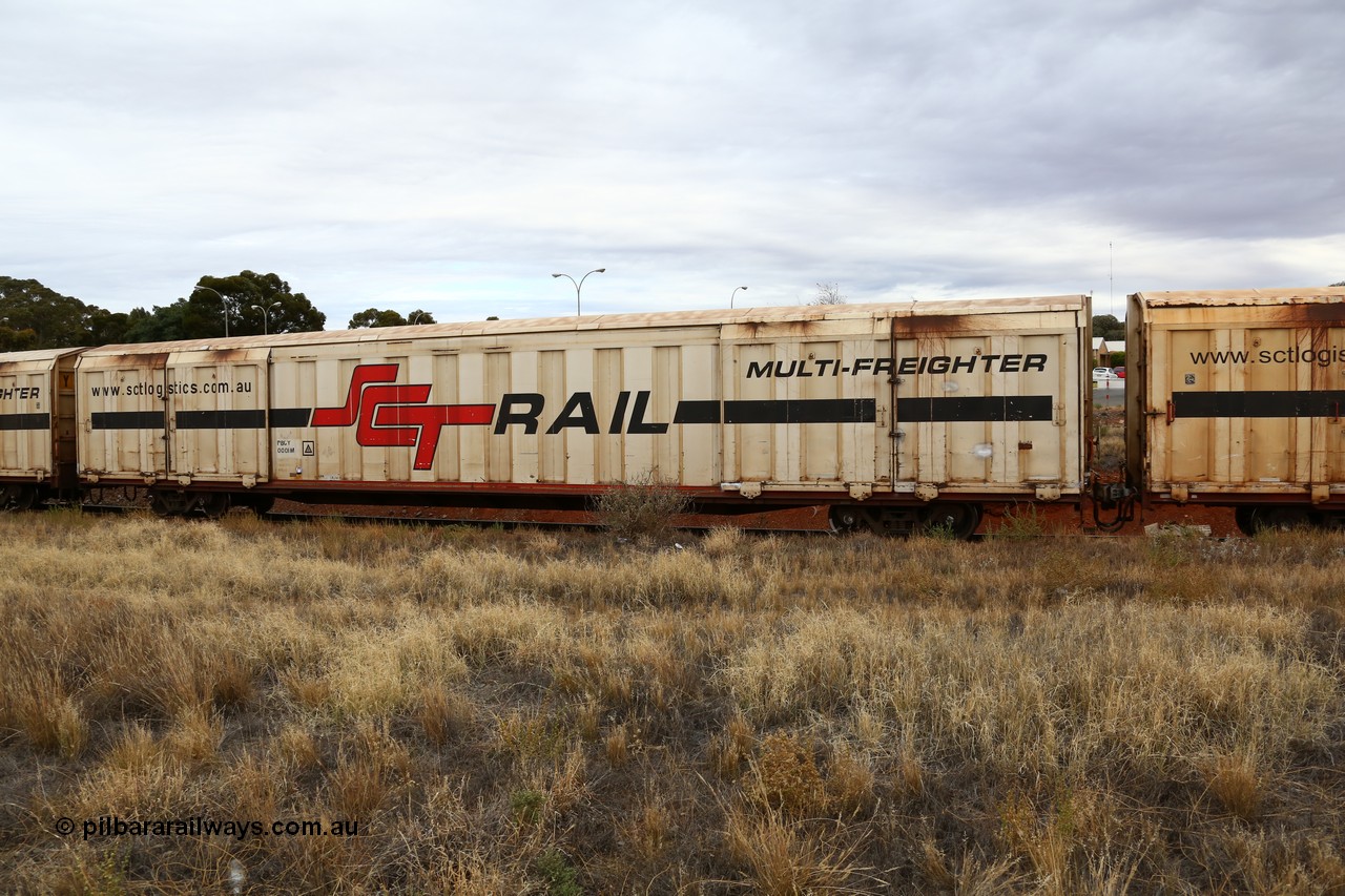 160524 3683
Kalgoorlie, SCT train 2PM9 operating from Perth to Melbourne, PBGY type covered van PBGY 0001 Multi-Freighter, waggon type leader of eighty two waggons built by Queensland Rail Redbank Workshops in 2005.
Keywords: PBGY-type;PBGY0001;Qld-Rail-Redbank-WS;