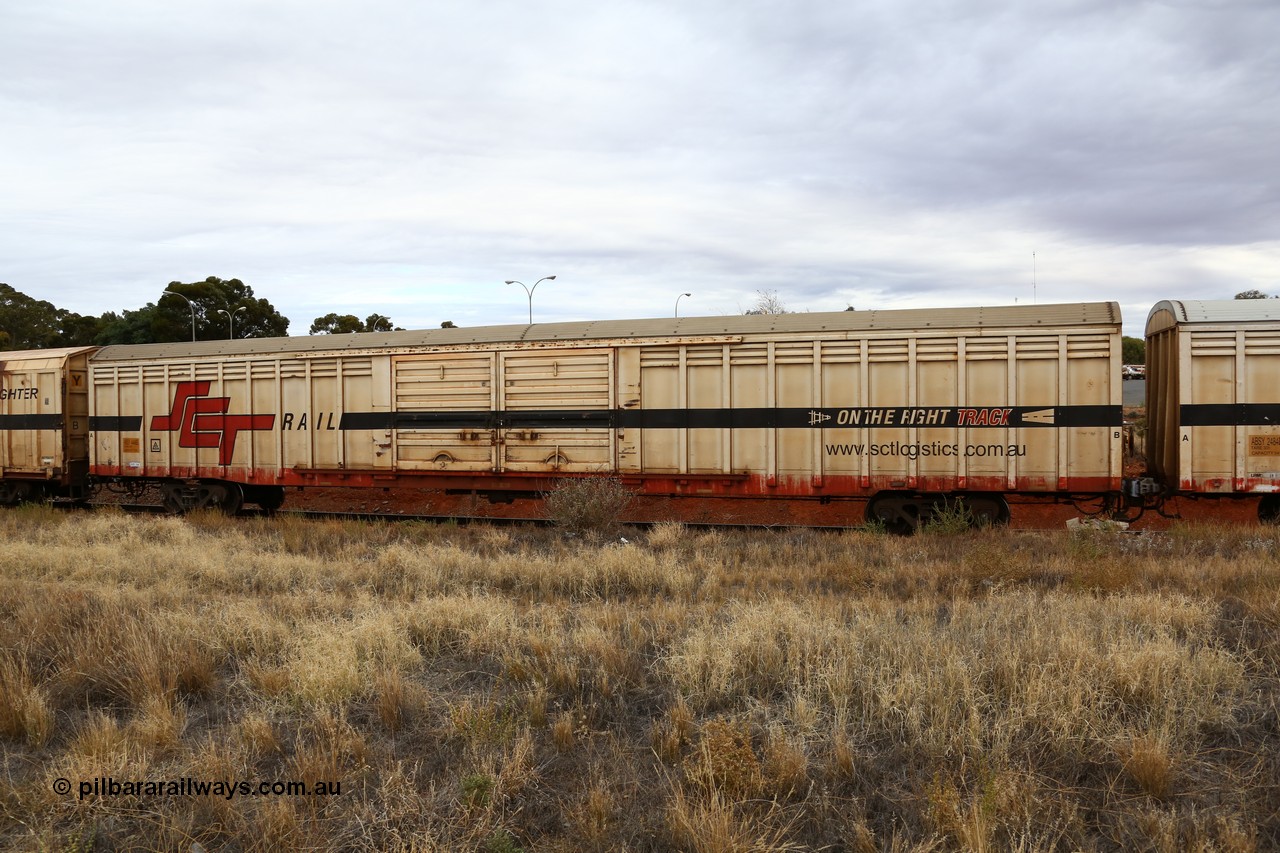 160524 3691
Kalgoorlie, SCT train 2PM9 operating from Perth to Melbourne, ABSY type ABSY 4446 covered van, originally built by Comeng WA in 1977 for Commonwealth Railways as VFX type, recoded to ABFX and RBFX to SCT as ABFY before conversion by Gemco WA to ABSY in 2004/05.
Keywords: ABSY-type;ABSY4446;Comeng-WA;VFX-type;ABFX-type;ABFY-type;