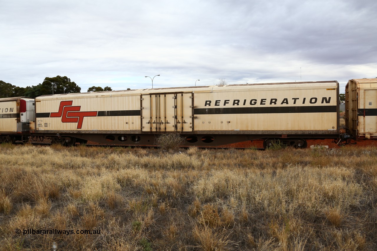 160524 3694
Kalgoorlie, SCT train 2PM9 operating from Perth to Melbourne, ARFY type ARFY 2191 refrigerated van with a Ballarat built Maxi-CUBE body mounted on an original Commonwealth Railways ROX container waggon built by Comeng Quds in 1970, recoded to AFQX, then AQOX and RQOY before being fitted with the refrigerated body for SCT service circa 1998. 
Keywords: ARFY-type;ARFY2191;Maxi-Cube;Comeng-Qld;ROX-type;AQOX-type;