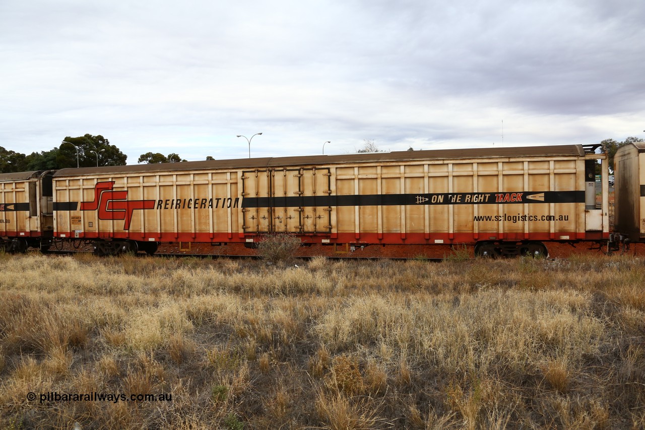 160524 3696
Kalgoorlie, SCT train 2PM9 operating from Perth to Melbourne, ARBY type ARBY 4467 refrigerated van, originally built by Comeng WA in 1977 as a VFX type covered van for Commonwealth Railways, recoded to ABFX, then RBFX and converted from ABFY by Gemco WA in 2004/05 to ARBY.
Keywords: ARBY-type;ARBY4467;Comeng-WA;VFX-type;