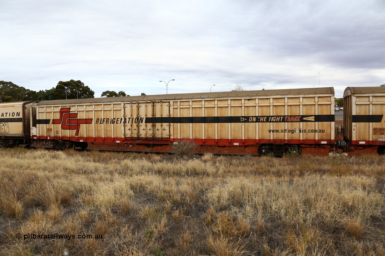 160524 3700
Kalgoorlie, SCT train 2PM9 operating from Perth to Melbourne, ARBY type ARBY 2833 refrigerated van, originally built by Carmor Engineering SA in 1976 as a VFX type covered van for Commonwealth Railways, recoded to ABFX, ABFY, RBFX and finally converted from ABFY by Gemco WA in 2004/05 to ARBY.
Keywords: ARBY-type;ARBY2833;Carmor-Engineering-SA;VFX-type;ABFY-type;