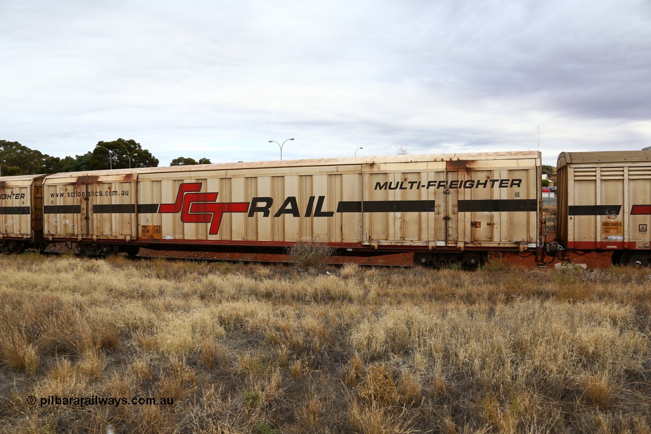 160524 3704
Kalgoorlie, SCT train 2PM9 operating from Perth to Melbourne, PBGY type covered van PBGY 0031 Multi-Freighter, one of eighty two waggons built by Queensland Rail Redbank Workshops in 2005.
Keywords: PBGY-type;PBGY0031;Qld-Rail-Redbank-WS;