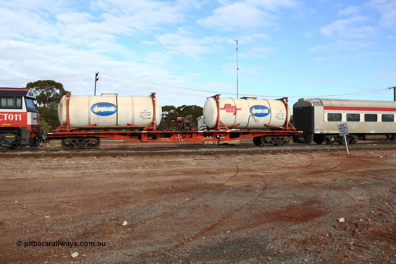 160525 4554
Parkeston, SCT train 3PG1 which operates from Perth to Parkes NSW (Goobang Junction), SCT inline refuelling waggon PQFY type PQFY 4209 originally built by Carmor Engineering SA in 1976 for Commonwealth Railways as RMX type container waggon, with SCT - Logicoil AMT5 type tank-tainers TILU 102023 and TILU 102033.
Keywords: PQFY-type;PQFY4209;Carmor-Engineering-SA;RMX-type;