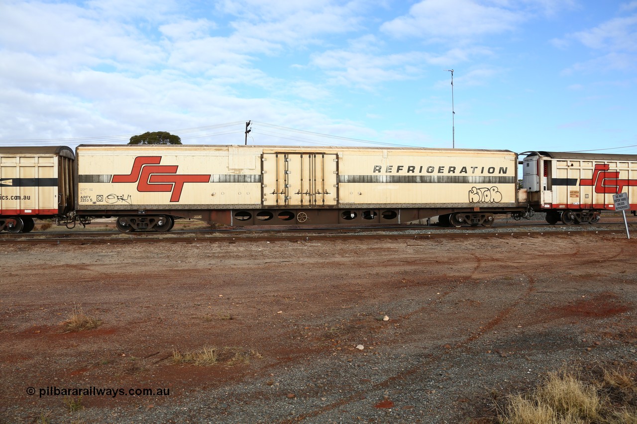 160525 4565
Parkeston, SCT train 3PG1 which operates from Perth to Parkes NSW (Goobang Junction), ARFY type ARFY 2253 refrigerated van with a Ballarat built Maxi-CUBE fibreglass body that has been fitted to an Comeng Victoria built ROX type flat waggon from 1970 that was in service with Commonwealth Railways and recoded to AQOY.
Keywords: ARFY-type;ARFY2253;Maxi-Cube;Comeng-Vic;ROX-type;AQOX-type;