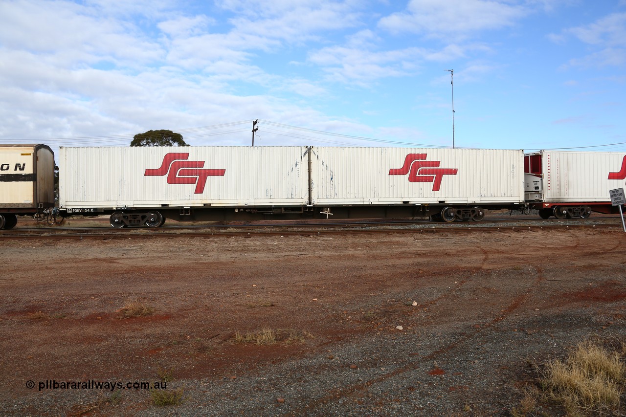 160525 4568
Parkeston, SCT train 3PG1 which operates from Perth to Parkes NSW (Goobang Junction), originally built by V/Line's Bendigo Workshops in June 1986 as one of fifty VQDW type 'Jumbo' Container Flat waggons built, PQDY 54 still in Freight Australia green livery loaded with two SCT 40' containers SCT 40222 and SCT 40220.
Keywords: PQDY-type;PQDY54;Victorian-Railways-Bendigo-WS;VQDW-type;