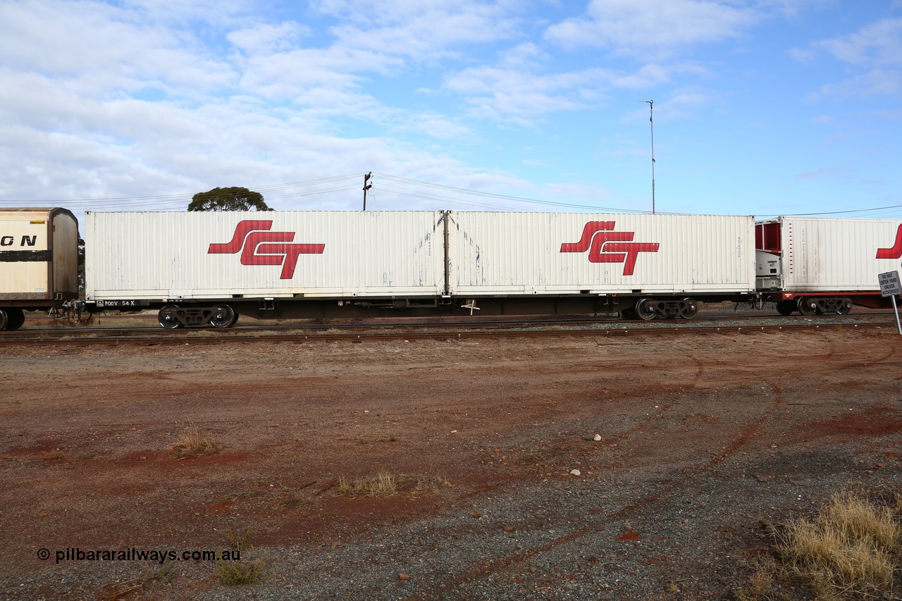 160525 4568
Parkeston, SCT train 3PG1 which operates from Perth to Parkes NSW (Goobang Junction), originally built by V/Line's Bendigo Workshops in June 1986 as one of fifty VQDW type 'Jumbo' Container Flat waggons built, PQDY 54 still in Freight Australia green livery loaded with two SCT 40' containers SCT 40222 and SCT 40220.
Keywords: PQDY-type;PQDY54;Victorian-Railways-Bendigo-WS;VQDW-type;