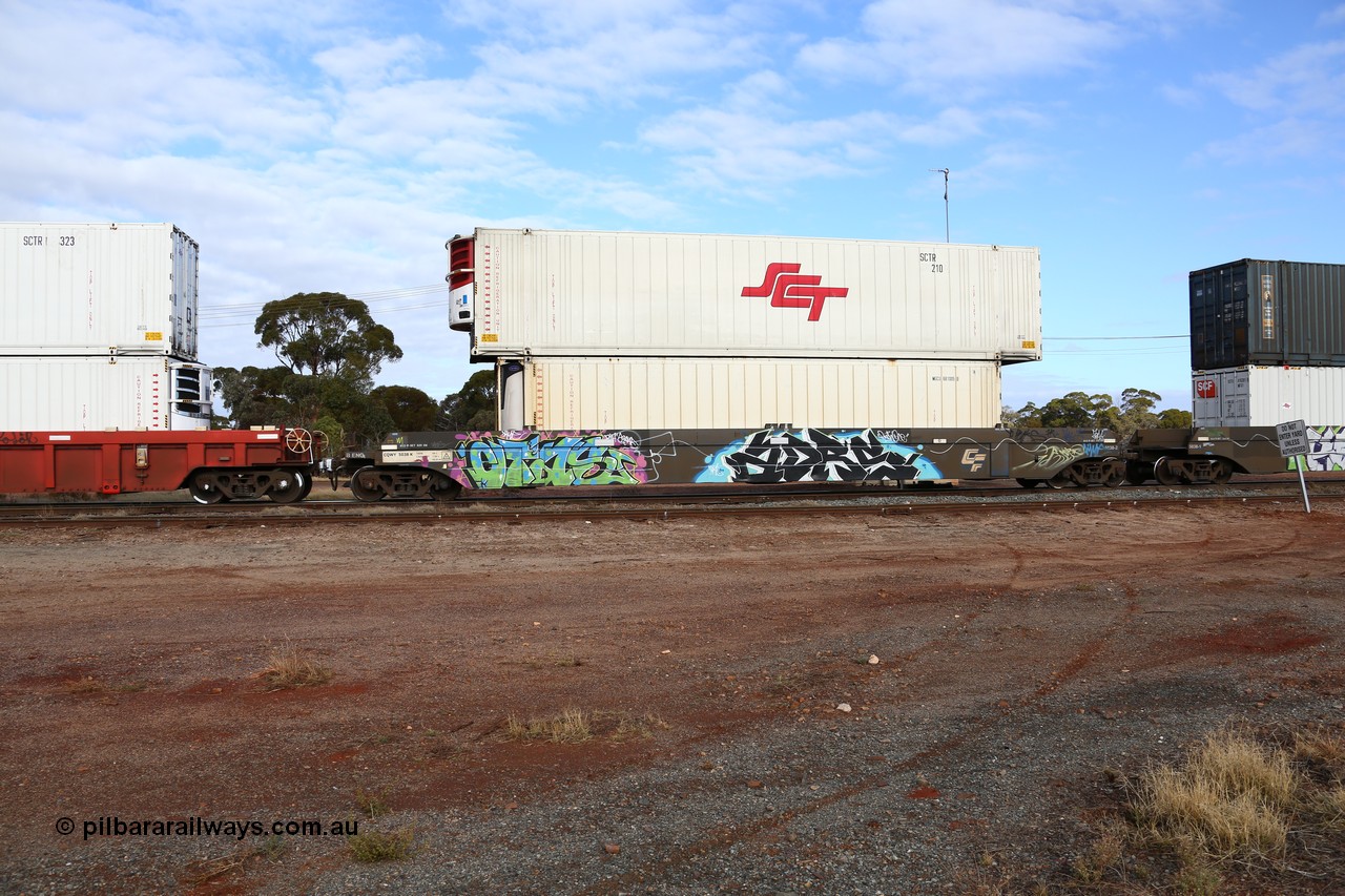 160525 4572
Parkeston, SCT train 3PG1 which operates from Perth to Parkes NSW (Goobang Junction), CFCLA lease CQWY type well waggon set CQWY 5038-2 with a former Macfield 40' reefer MGCU 681005 and a 48' SCT reefer SCTR 210. The CQWY was built by Bluebird Rail Operations in South Australia in 2008 as a batch of sixty pairs.
Keywords: CQWY-type;CQWY5038;CFCLA;Bluebird-Rail-Operations-SA;