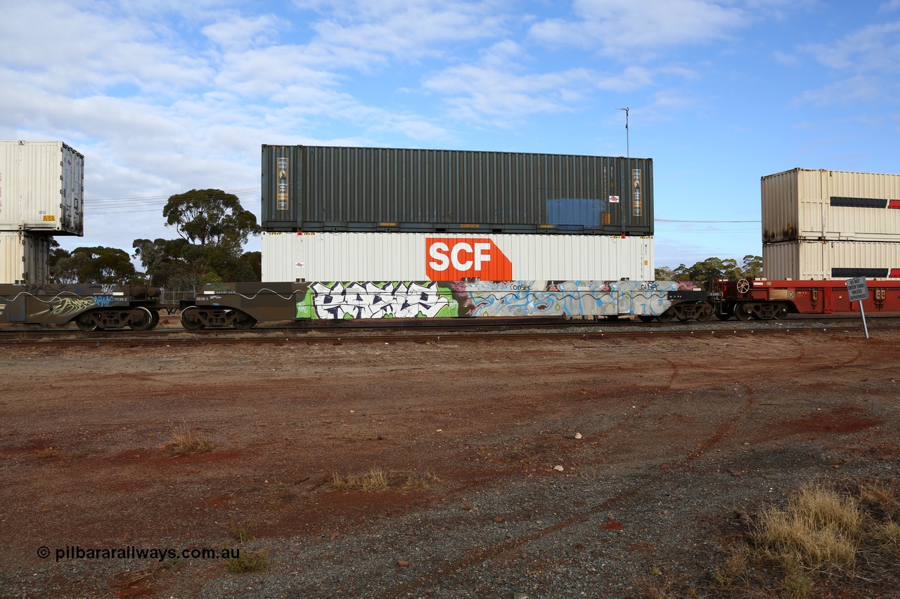 160525 4573
Parkeston, SCT train 3PG1 which operates from Perth to Parkes NSW (Goobang Junction), CFCLA lease CQWY type well waggon set CQWY 5038-1 with two 48' MFG1 boxes SCF box SCFU 415201 and Royal Wolf unit RWTU 922042 both with SCT decals. The CQWY was built by Bluebird Rail Operations in South Australia in 2008 as a batch of sixty pairs.
Keywords: CQWY-type;CQWY5038;CFCLA;Bluebird-Rail-Operations-SA;